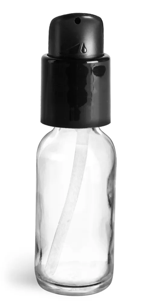 1 oz  Clear Glass Boston Round Bottles w/ Black Treatment Pumps