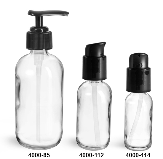 Glass Bottles, Clear Glass Boston Round Bottles w/ Black Pumps