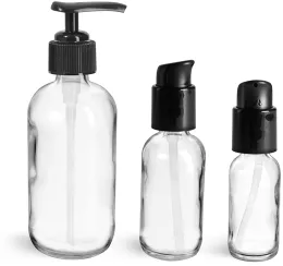 Glass Bottles, Clear Glass Boston Round Bottles w/ Black Pumps