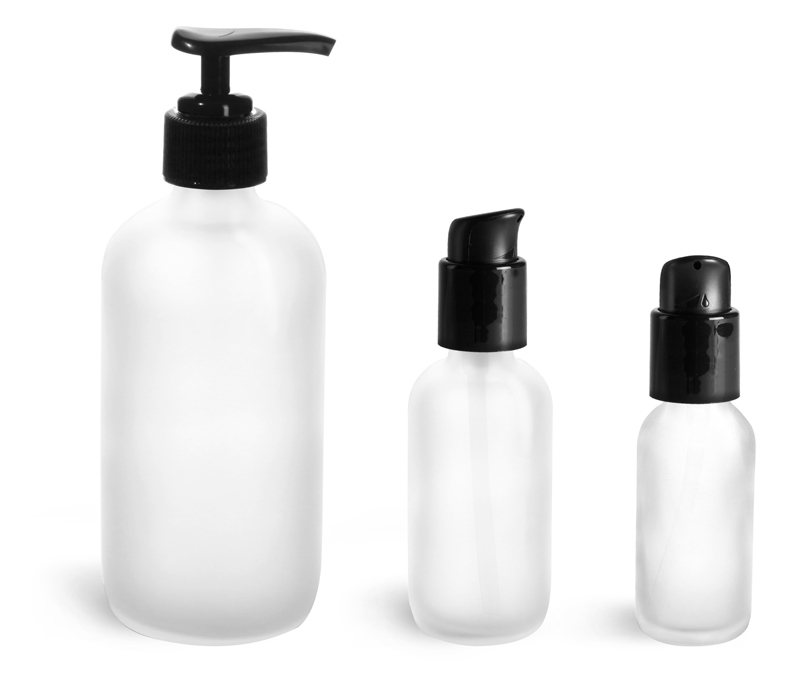 8 oz      Frosted Glass Round Bottles w/ Black Pumps