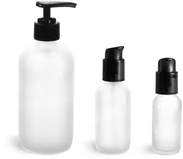 Glass Bottles, Frosted Glass Boston Round Bottles w/ Black Pumps