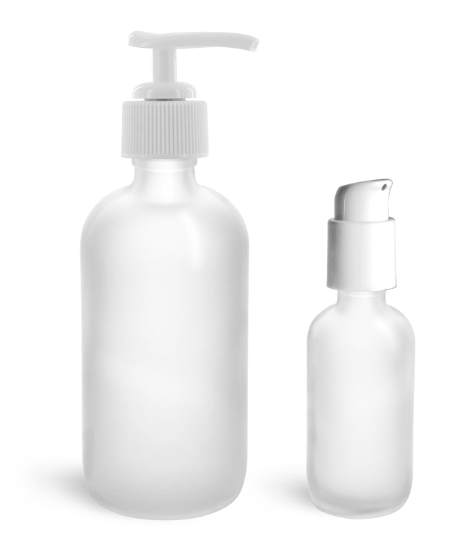 Glass Bottles, Frosted Glass Boston Round Bottles w/ White Pumps