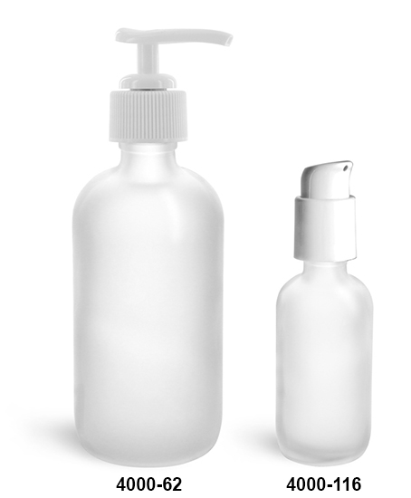 Glass Bottles, Frosted Glass Boston Round Bottles w/ White Pumps