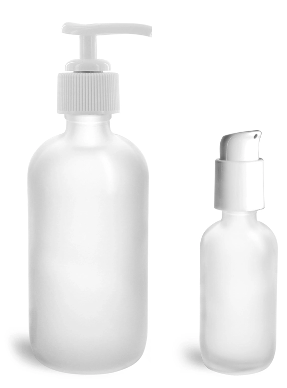 Frosted Glass Boston Round Bottles w/ White Pumps