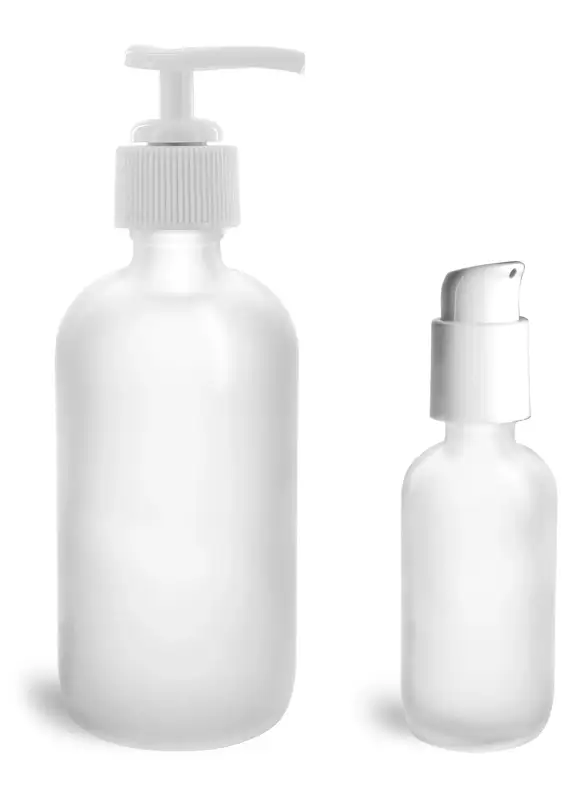 Glass Bottles, Frosted Glass Boston Round Bottles w/ White Pumps