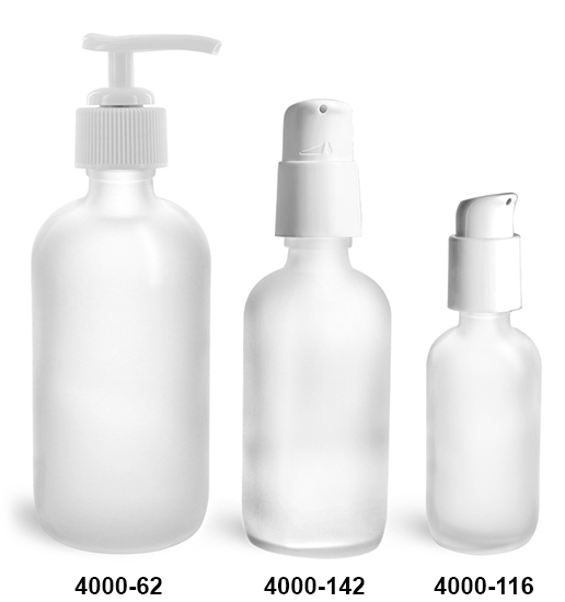 Glass Bottles, Frosted Glass Boston Round Bottles w/ White Pumps
