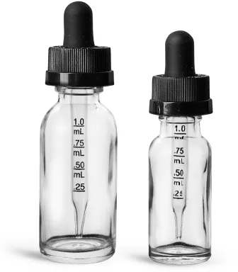 Clear Glass Boston Round Bottles w/ Black Child Resistant Graduated Glass Droppers 