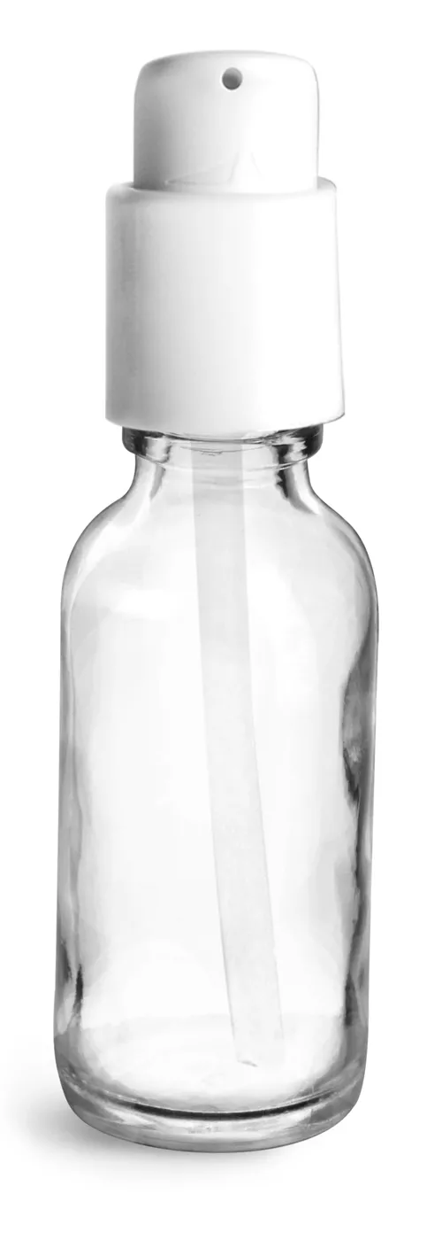 1 oz  Clear Glass Boston Round Bottles w/ White Treatment Pumps