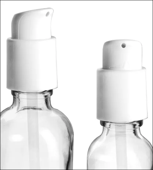  Clear Glass Bottles, Boston Round Bottles w/ White Pumps 