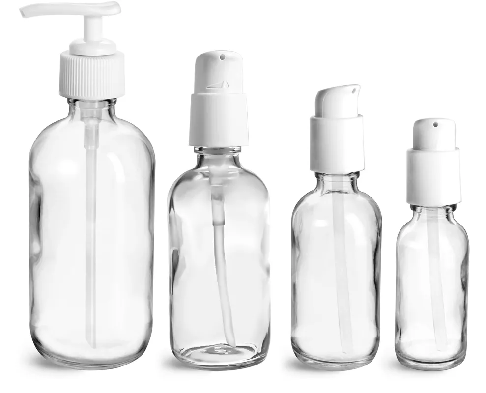  Clear Glass Bottles, Boston Round Bottles w/ White Pumps 