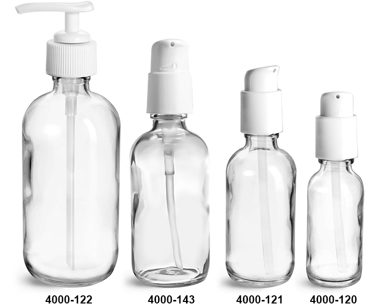 Glass Bottles, Clear Glass Boston Round Bottles w/ White Pumps