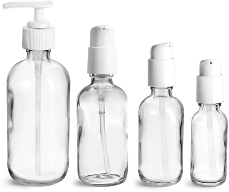  Clear Glass Bottles, Boston Round Bottles w/ White Pumps 