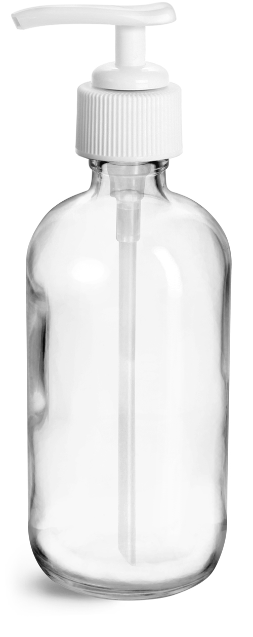 8 oz Clear Glass Bottles, Boston Round Bottles w/ White Lotion Pumps