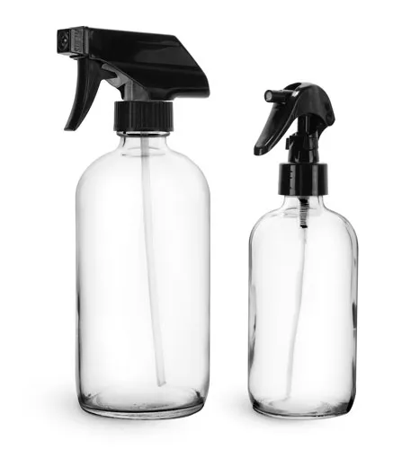  Clear Glass Bottles, Boston Round Bottles w/ Black Trigger Sprayers 