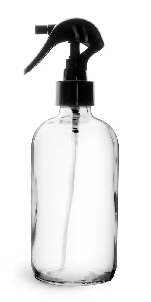 8 oz Clear Glass Boston Round Bottles w/ Black Polypropylene Mini Trigger Sprayers