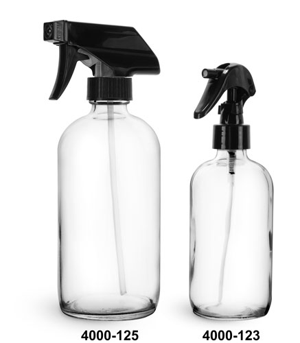 Glass Bottles, Clear Glass Boston Round Bottles w/ Black Trigger Sprayers