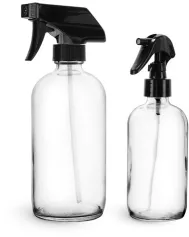  Clear Glass Bottles, Boston Round Bottles w/ Black Trigger Sprayers 