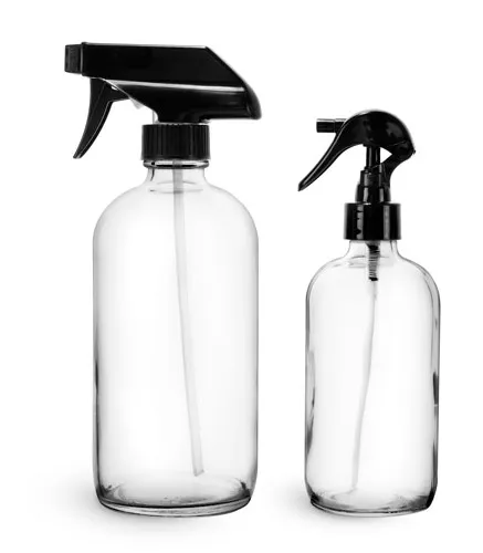8 oz Clear Glass Boston Round Bottles w/ Black Polypropylene Mini Trigger Sprayers