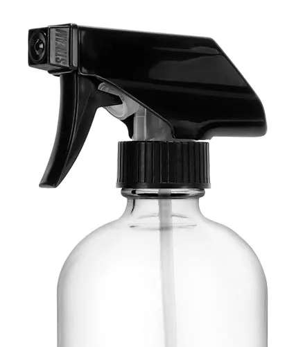 8 oz Clear Glass Boston Round Bottles w/ Black Polypropylene Mini Trigger Sprayers