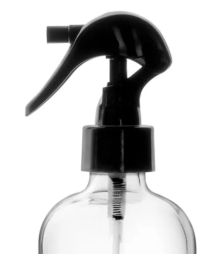 8 oz Clear Glass Boston Round Bottles w/ Black Polypropylene Mini Trigger Sprayers
