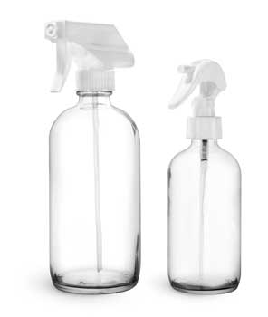 Glass Bottles, Clear Glass Boston Round Bottles w/ White Trigger Sprayers