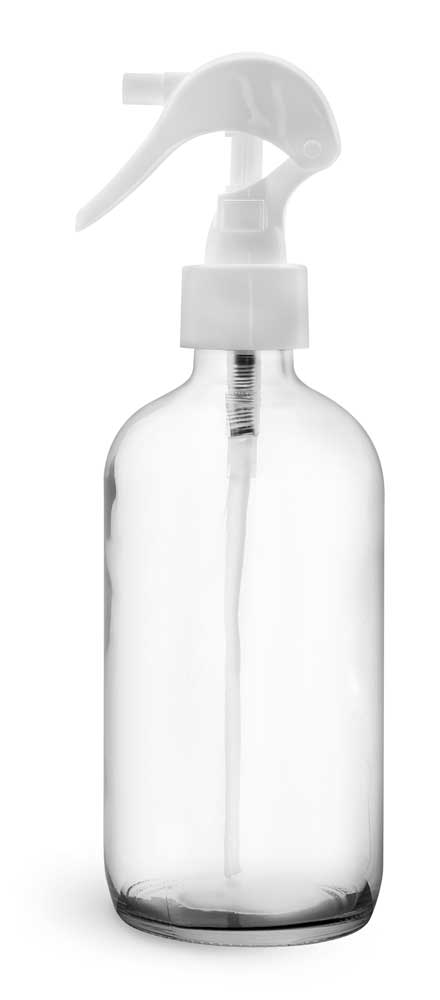 
8 oz Clear Glass Boston Round Bottles w/ White Polypropylene Mini Trigger Sprayers