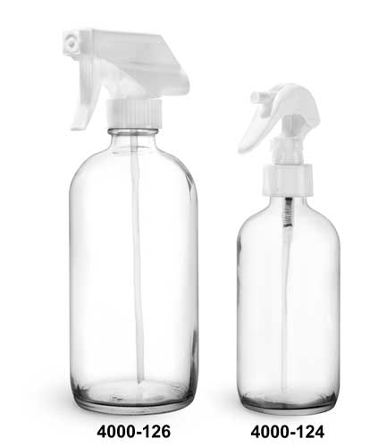 Glass Bottles, Clear Glass Boston Round Bottles w/ White Trigger Sprayers