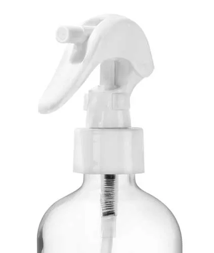 8 oz Clear Glass Boston Round Bottles w/ White Polypropylene Mini Trigger Sprayers