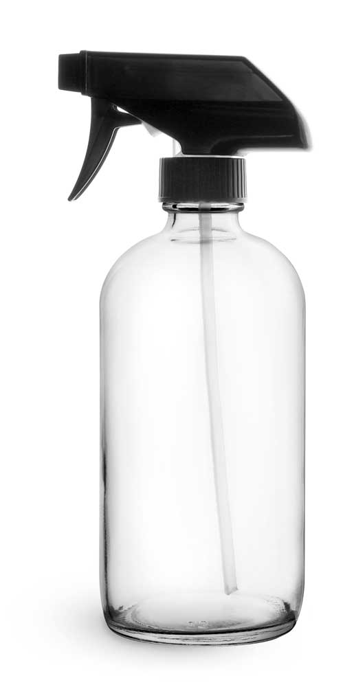 16 oz Clear Glass Boston Round Bottles w/ Black Polypropylene Trigger Sprayers