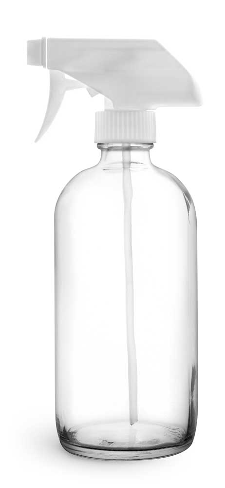 16 oz Clear Glass Boston Round Bottles w/ White Polypropylene Trigger Sprayers