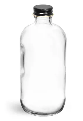 8 oz Clear Glass Round Bottles with Black Metal Foil Lined Cap