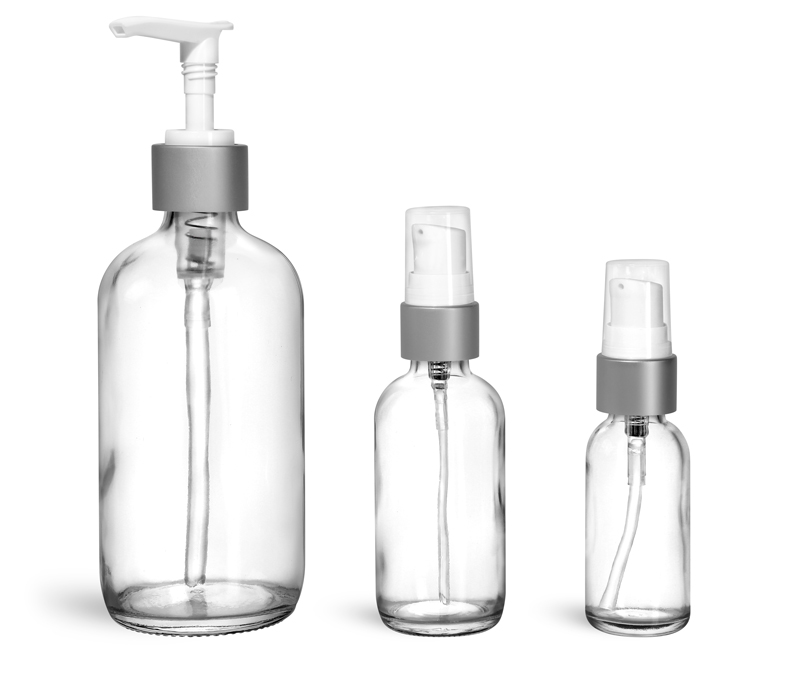 Clear Glass Bottles, Glass Boston Round Bottles w/ Brushed Aluminum Pumps 