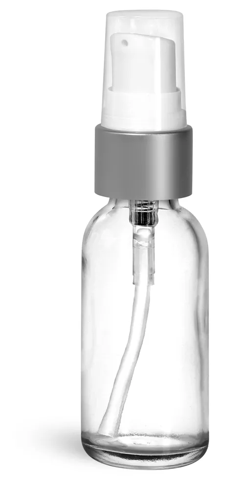 1 oz Clear Glass Boston Round Bottles w/ Brushed Aluminum Pumps