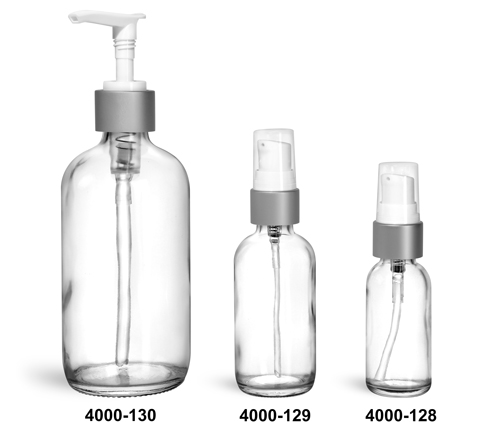 Glass Bottles, Clear Glass Boston Round Bottles w/ Brushed Aluminum Pumps
