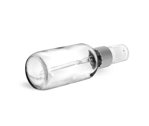 Clear Glass Bottles, Glass Boston Round Bottles w/ Brushed Aluminum Pumps 