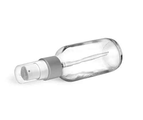 Clear Glass Bottles, Glass Boston Round Bottles w/ Brushed Aluminum Pumps 