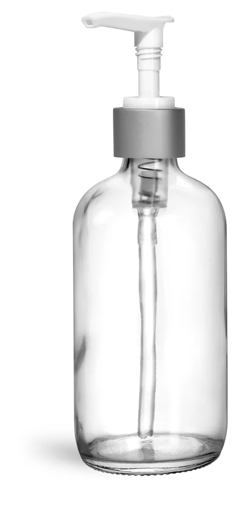 8 oz Clear Glass Boston Round Bottles w/ Brushed Aluminum Pumps