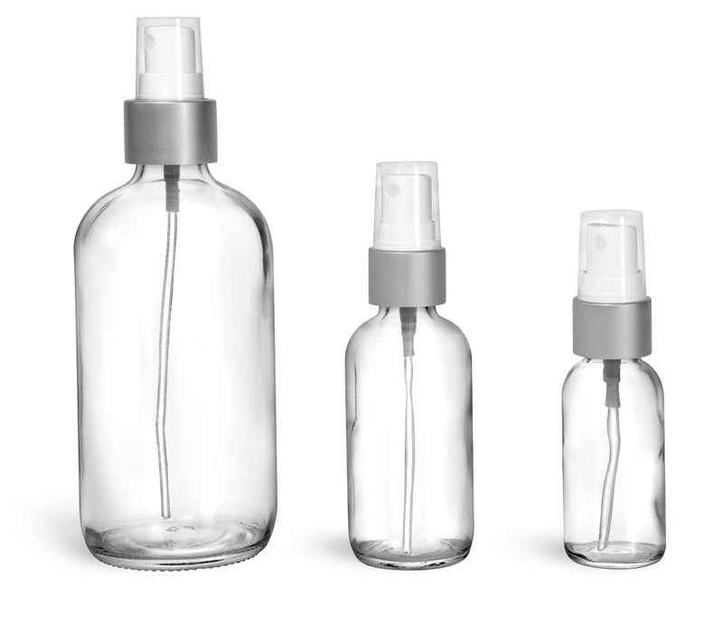 Clear Glass Bottles, Glass Boston Round Bottles w/ Brushed Aluminum Sprayers