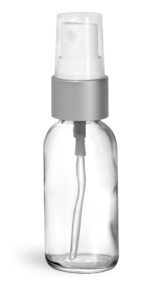 1 oz Glass Bottles, Clear Glass Boston Round Bottles w/ Brushed Aluminum Sprayers