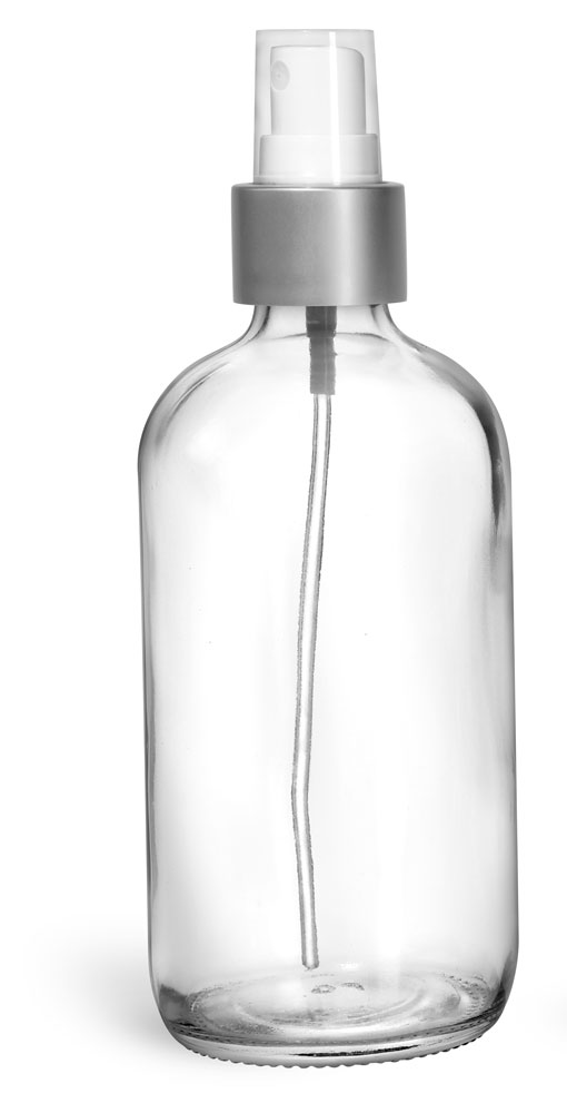 8 oz Glass Bottles, Clear Glass Boston Round Bottles w/ Brushed Aluminum Sprayers