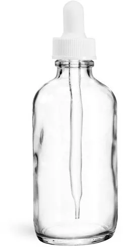 4 oz Clear Glass Boston Round Bottles w/ White Bulb Glass Droppers