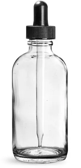 4 oz Clear Glass Boston Round Bottles w/ Black Bulb Glass Droppers