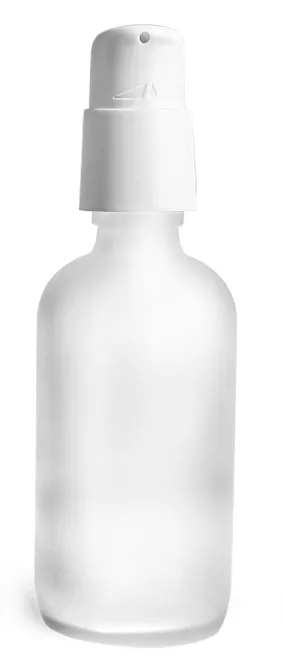 4 oz Frosted Glass Boston Round Bottles w/ White Treatment Pumps