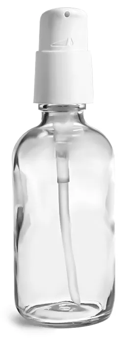 4 oz Clear Glass Boston Round Bottles w/ White Treatment Pumps