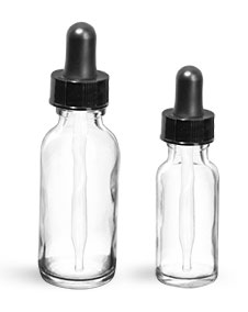 1/2 oz  Clear Glass Round Bottles w/ Black Bulb Glass Droppers