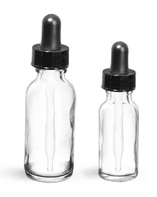 1/2 oz  Clear Glass Round Bottles w/ Black Bulb Glass Droppers