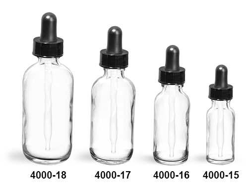 Glass Bottles, Clear Glass Boston Round Bottles With Black Bulb Glass Droppers