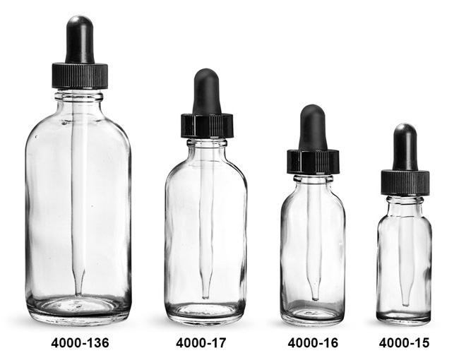 Glass Bottles, Clear Glass Boston Round Bottles With Black Bulb Glass Droppers