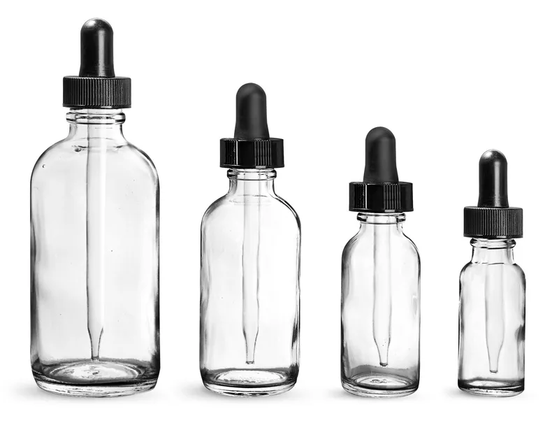 Clear Glass Boston Round Bottles w/ Black Bulb Glass Droppers