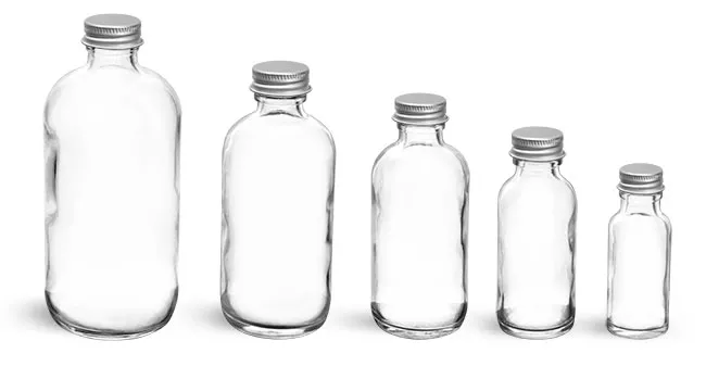 Clear Glass Boston Round Bottles w/ Lined Aluminum Caps